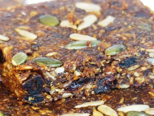 Linseed Fruitcake Flaxjacks. Vegan. dairy-free, gluten-free, sugar-free, saturated-fat free, egg-free, nut-free.