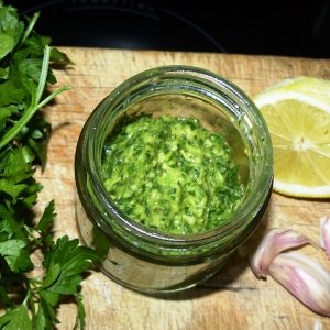 Gremolata with linseed (flax seed) oil healthy sauce with omega-3