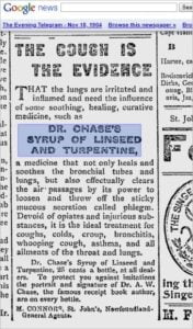 Linseed and turpentine cough medicine from Evening Telegram St John’s Newfoundland circe 1945