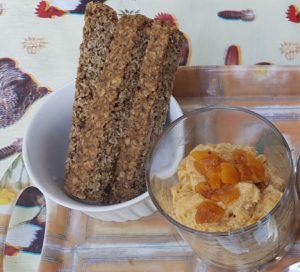 Healhty fruit fool, gluten-free, dairy-free, saturated fat-free,Budwig Diet and OMS recovery diet with fingers of Flaxjack.