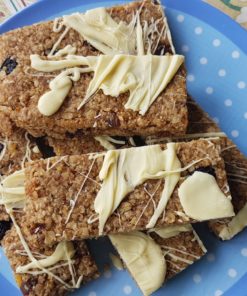 Spiced Flaxjacks gluten-free with oats flax raisins and white chocolate
