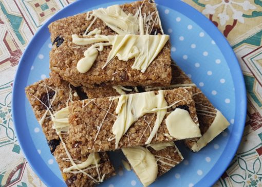 Spiced Flaxjacks gluten-free with oats flax raisins and white chocolate
