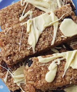 Spiced Flaxjacks gluten-free with oats flax raisins and white chocolate