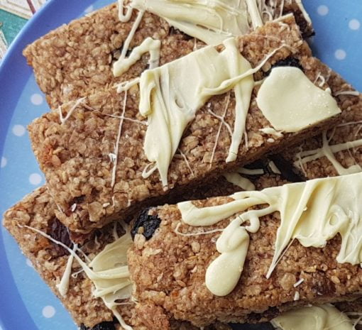 Spiced Flaxjacks gluten-free with oats flax raisins and white chocolate