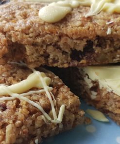 Spiced Flaxjacks gluten-free with oats flax raisins and white chocolate