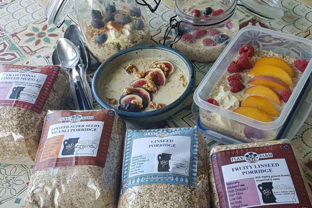 Overnight flax and oats Choice of 8 different varieties of Flax Farm porridge and muesli All are rich in ground flax goodness, no nuts and gluten free. All make brilliant Overnight Flax and Oats but technically we can't call that when made with our Special Buckwheat, Quinoa & Flax Porridge because it's oat-free but it's still really good. Flax (Linseed) Porirdge Fruity Flax Porridge Summer Flax Porridge Flax Booster Porridge Special Buckwheat, Quinoa & Flax Porridge (Oat-free) Traditional Flax Muesli Super-Seedy Flax Porridge-Muesli